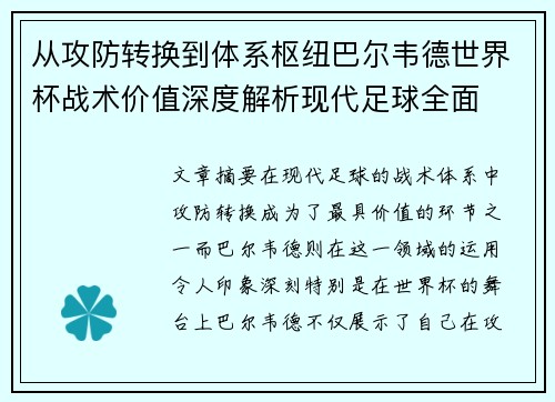 从攻防转换到体系枢纽巴尔韦德世界杯战术价值深度解析现代足球全面
